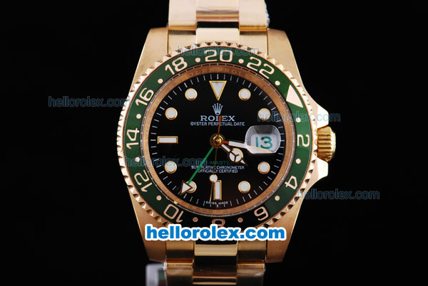 Rolex GMT-Master II Oyster Perpetual Automatic Full Gold with Green Bezel,Black Dial and White Round Bearl Marking-Small Calendar - Click Image to Close